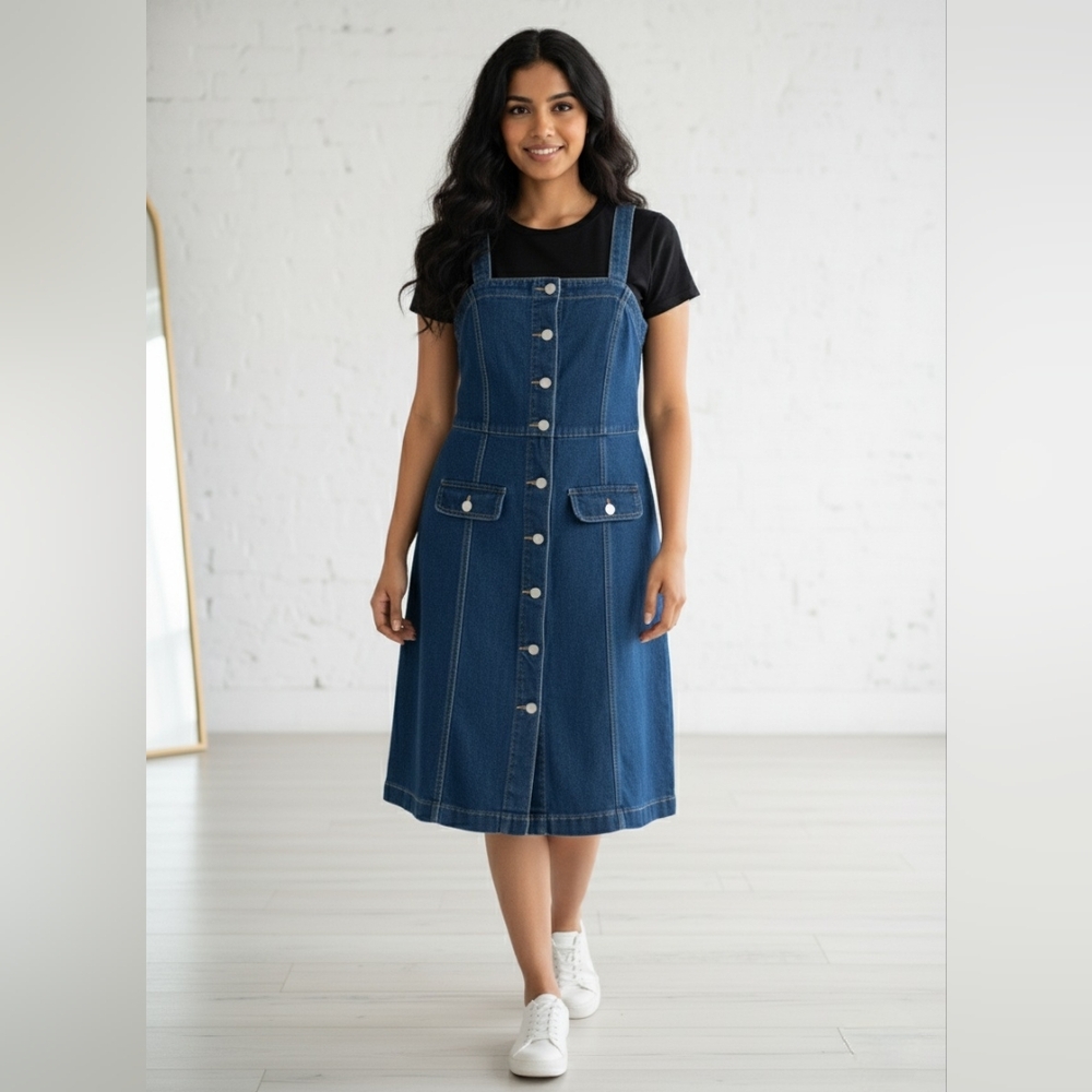 Vintage Style Denim Button-Front Jumper Dress | Size L